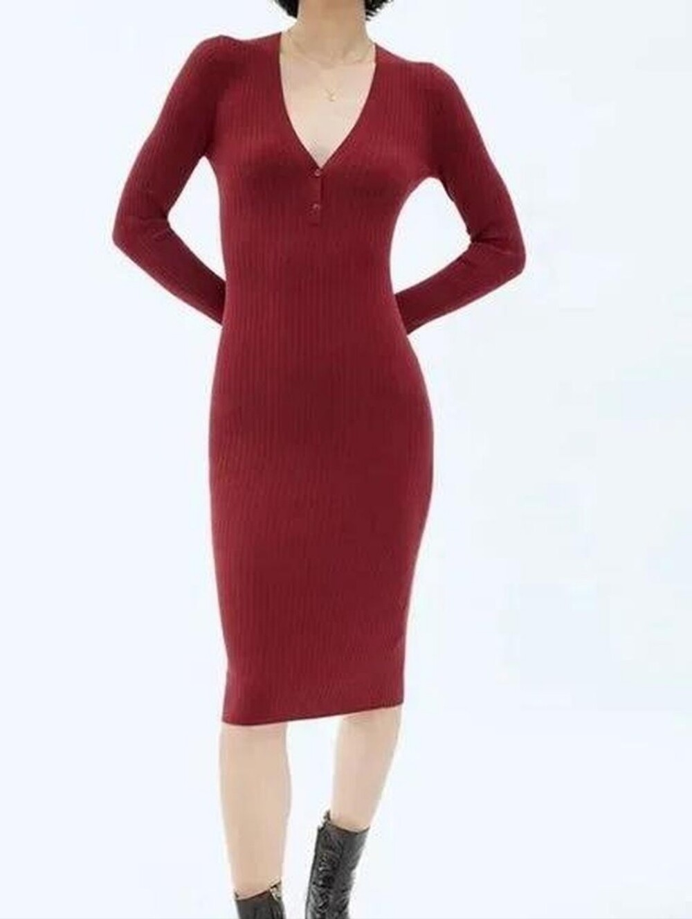 NWT Aritzia Wilfred Layla Ribbed V-Neck Long Sleeve Dress